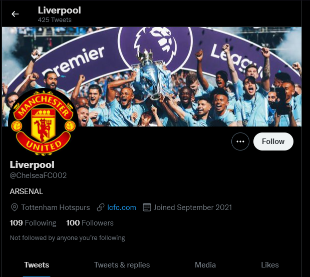 now i know these are trolls 
profile pic: Man United
Display name: Liverpool
@: ChelseaFC
Bio: Arsenal
Header: Man City
Location: Spurs
Website: Liecester https://t.co/FAea1PjSiE