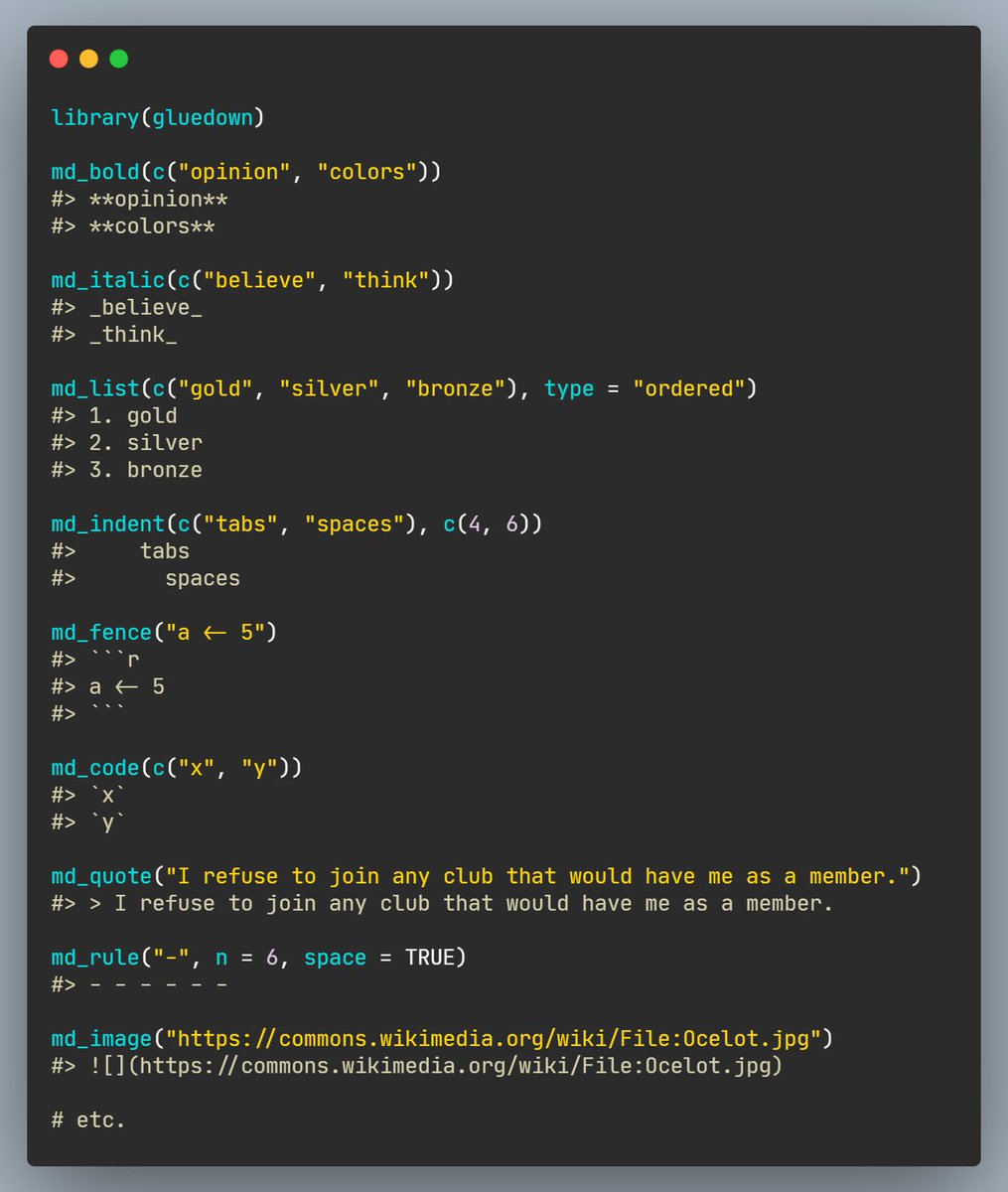 rfunctionaday's tweet photo. Even if you know markdown syntax well, sometimes you may wish to generate it algorithmically.

The {md_} function family from {gluedown} 📦 can be of help here 🤖

https://t.co/VXXO0Ce3Mu

#rstats #DataScience https://t.co/EklzKUpHkB