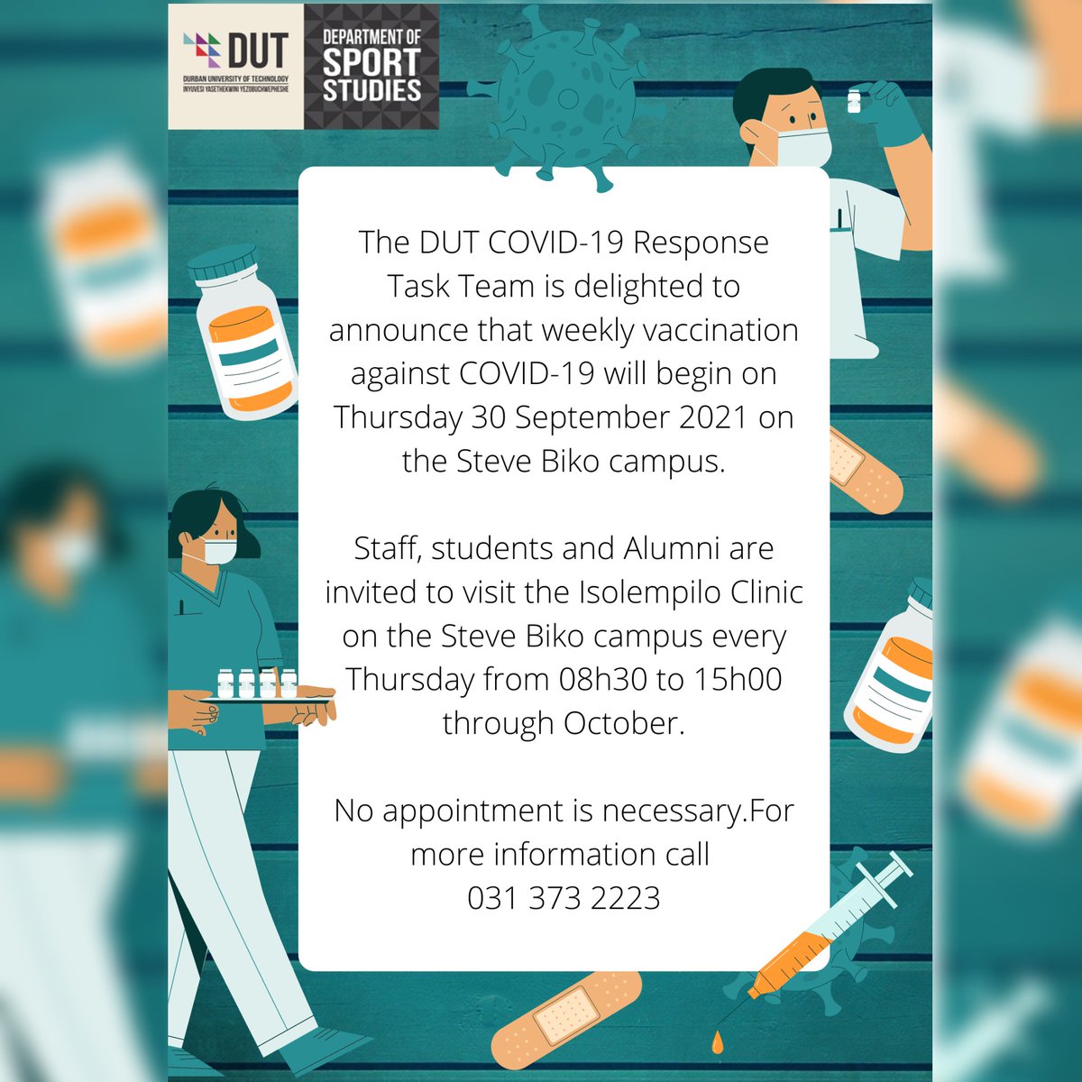 After a successful vaccination drive on the Durban Campus, DUT has decided to continue with its weekly vaccination.

Simply go to the DUT clinic on Steve Biko Campus with your staff/student card and ID and get vaccinated.

#dutgetyourjab #ᴠᴀᴄᴄɪɴᴇssᴀᴠᴇʟɪᴠᴇs