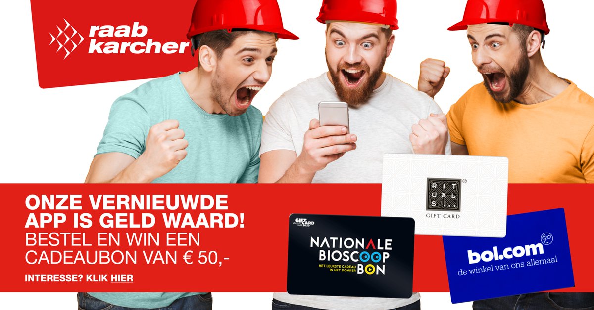 Wist je dat onze APP geld waard is!
Als je nu voor minimaal € 600,- euro via de Raab Karcher App besteld maak je kans op een cadeaubon van Rituals, Bol of Bioscoopbon t.w.v.  € 50,-

Lees alles op: raabkarcher.nl/app

#Bouwmaterialen #Raab_Karcher #Bol #Rituals #Bioscoop