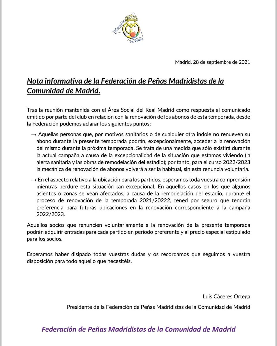 federacionmadr2's tweet image. #FederaciónDePeñas #FederaciónmadridistasCAM #peñasmadridistas #RealMadrid @realmadrid #notainformativa #renovación #abonos #opción #renunciavoluntaria #excepción #ubicación #modificación #comprensión #gracias #historiaporhacer