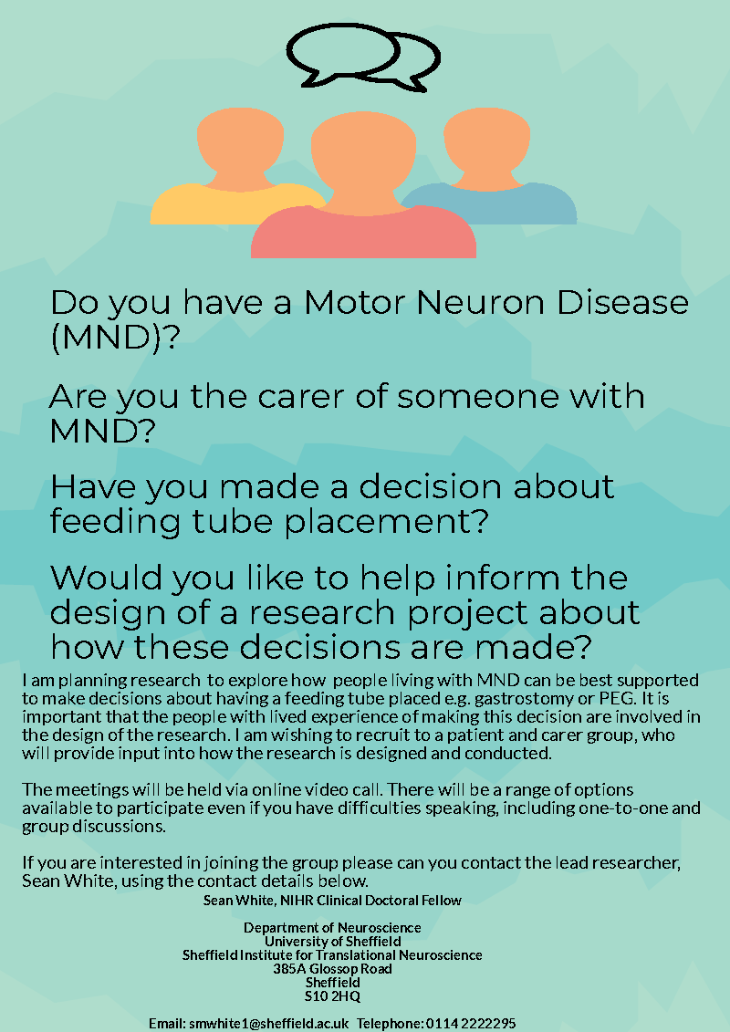 PremiumXRemark's tweet photo. A researcher at @neuroshef is looking for people with #MND and their carers to help inform the design of a study into how decisions about feeding tubes are made. 

If you’d like to be part of this online patient and carer group, please contact smwhite1@sheffield.ac.uk https://t.co/odY5Pdef6u