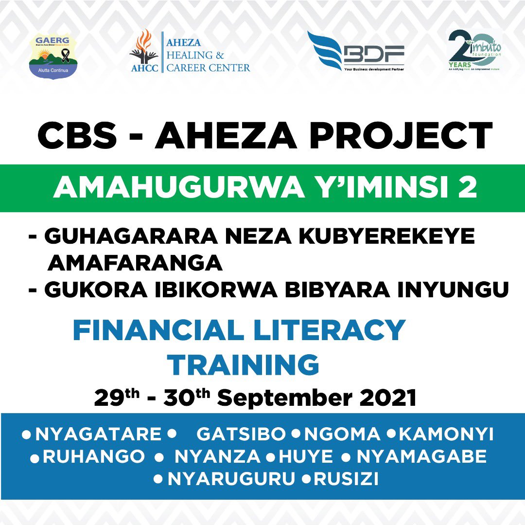 IBUKAHealing's tweet photo. Binyuze mu mushinga #AhezaCBS wa @GAERGRwanda ukorera mu turere 10 ku bufatanye na @Imbuto na @BDF_rw, uyu munsi hatangiye amahugurwa y’aba CBC (Community Based Counselor) 200 n'aba DCs 20 (Psychologists) ku gukoresha neza amafaranga ndetse no gukora imishinga ibyara inyungu. https://t.co/GObqkLYVTd