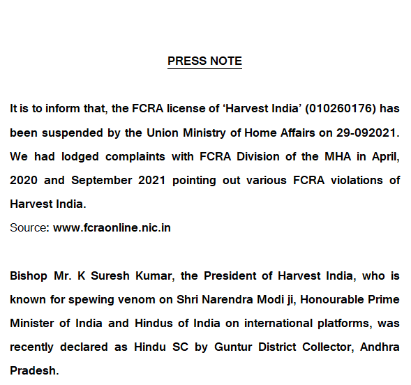 lawinforce's tweet photo. PRESS NOTE:
Ministry of Home Affairs suspended the FCRA Account of 'Harvest India' (010260176).

Source: https://t.co/nxQSwGM1y9 https://t.co/xHDscWCYWU