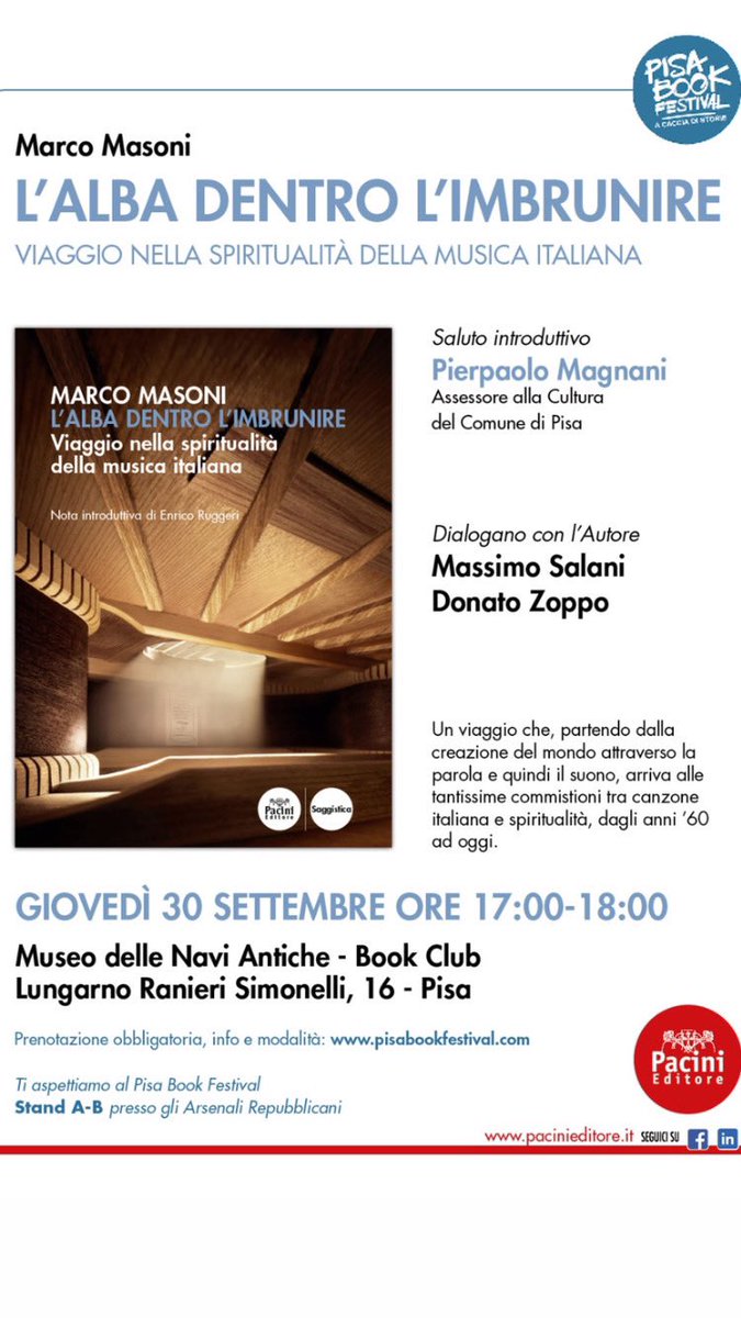 MarKcoMasoni's tweet photo. Domani esce il mio libro sul rapporto tra musica italiana e spiritualità. Nota introduttiva di @enricoruggeri
#lalbadentrolimbrunire #pacinieditore #marcomasoni https://t.co/TsrZnOEpMK
