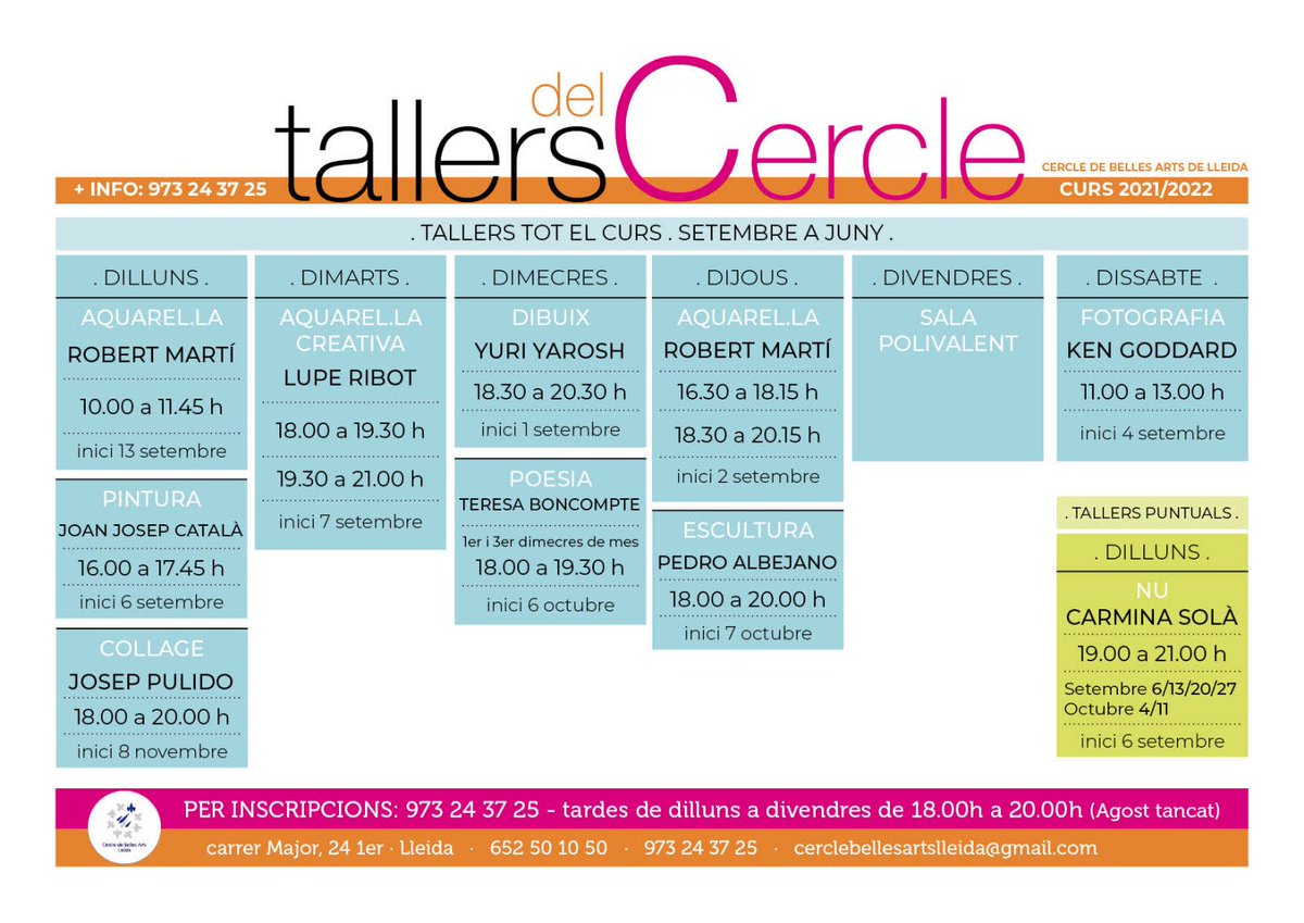 CercleArts's tweet photo. Estem a punt de començar els tallers del mes d'octubre i ens queden places al taller de NU, al taller d'acril.lic i al taller d'escultura. 
Animeu-vos‼
 Per inscripcions:
☎️ 973243725
📱 652501050 https://t.co/wK3y9G3SD5