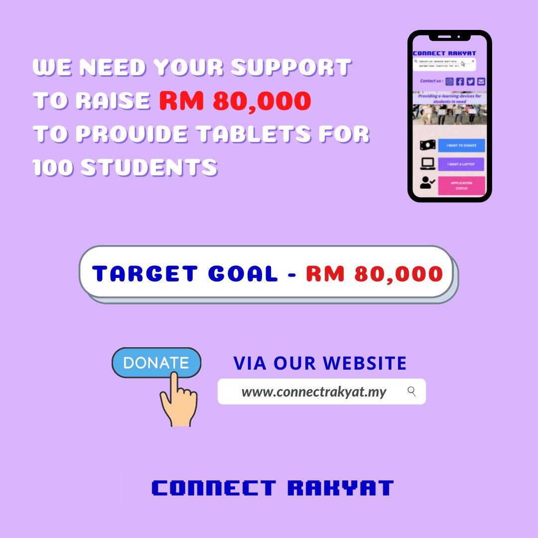 arusanakmuda's tweet photo. Hi everyone, great news! Our website is officially up  for Phase 1 applications and donations!

We are fundraising RM80,000, which will be used to purchase 100 tablets for socioeconomically disadvantaged students across Malaysia.

Help a student NOW via https://t.co/xm4CHLmxRI ! https://t.co/uTYM0FzMgQ