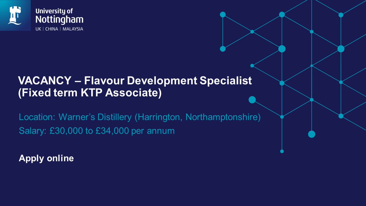 UoNFoodflavour's tweet photo. 📢 KTP ASSOCIATE VACANCY 📢

We are looking for a #Flavour Development Specialist to work with @UoNFoodflavour, @UoNSensory &amp; @warnersgin to understand the role of flavour chemistry in gin &amp; to ultimately improve product quality. 🍸

Find out more👇
https://t.co/1eNZkpxWD0 https://t.co/GA7k66oKQG