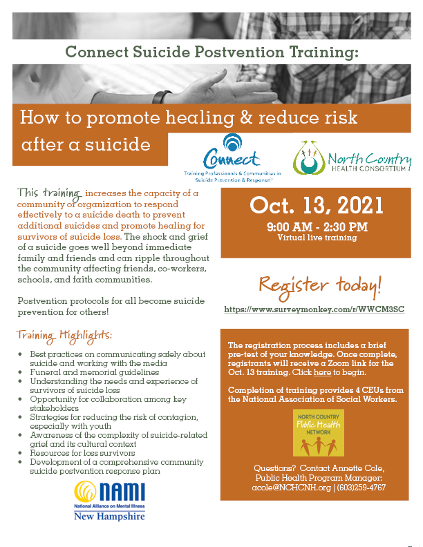 NCHCNH's tweet photo. Knowing someone who has died by suicide is one of the highest risk factors for suicide, so Postvention is an integral part of suicide prevention. Join us to learn to respond in a coordinated &amp; comprehensive way in the aftermath of suicide. https://t.co/EzDmNlkH2v https://t.co/MeLdSTR7GQ