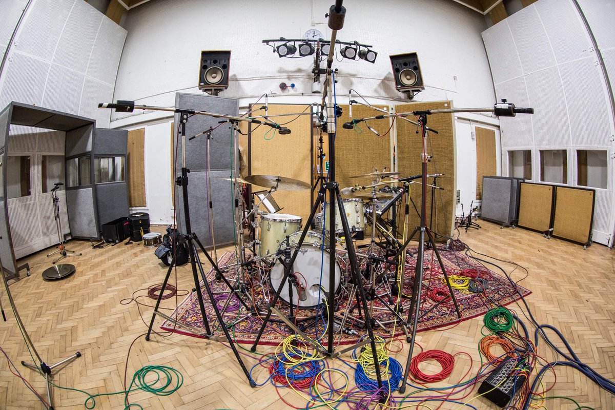 JulianKindredUK's tweet photo. Discovered some pics I missed from a few years back at @AbbeyRoad. @kaseytodd &amp; I are shown cutting drum tracks for @JaceEverett. And yes, I’m aware there’s a lot of mics on the kit.
I promise I can cut a mighty drum sound with just a few.
📷: @conormcdphoto 
🥁 @drumtechsupport https://t.co/kTFDV61j9Q