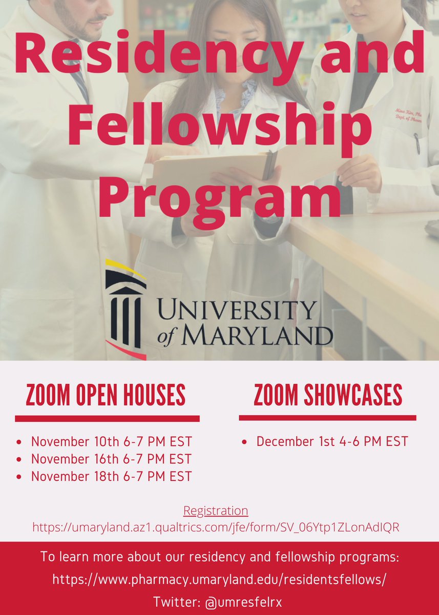 umresfelrx (@umresfelrx) on Twitter photo 📣 Residents and students, interested in <a href="/umresfelrx/">umresfelrx</a> residency and fellowship programs? Come join us at our virtual residency and fellowship open houses via @zoom_us
! #TwitteRx #PharmRes
To learn more, register here: umaryland.az1.qualtrics.com/jfe/form/SV_06… 📣 Residents and students, interested in <a href="/umresfelrx/">umresfelrx</a> residency and fellowship programs? Come join us at our virtual residency and fellowship open houses via @zoom_us
! #TwitteRx #PharmRes
To learn more, register here: umaryland.az1.qualtrics.com/jfe/form/SV_06…
