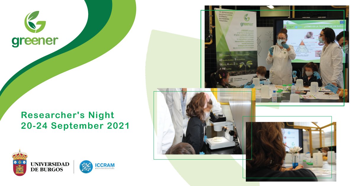 🌱 🎉 @GreenerH2020 Project coordinator @ICCRAM_UBU participated in the #ResearchersNight Activities, organising a #workshop 👩🏻‍🏫 called “Understanding our environment”, addressed to pre-school and primary school children🧒🏽 and 24 students.
#GREENER #UBU #H2020 #EU_H2020 #ICCRAM