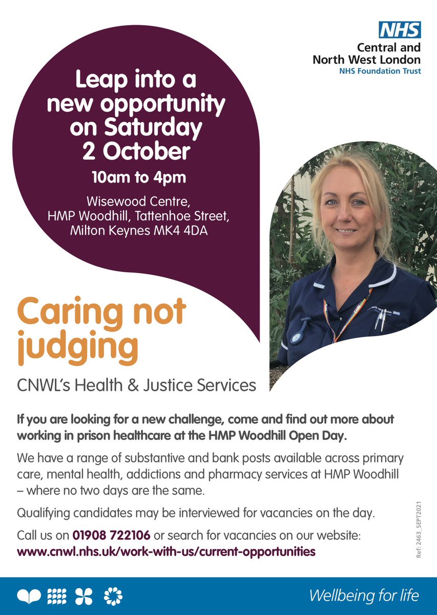 Looking for a challenge, come and find out more about working in Prison Healthcare <a href="/HMP_Woodhill/">HMP Woodhill</a> open day. Don’t miss out this opportunity of joining our Health &amp; Justice Services #nursing #nurse #NHS #pharmacy #PrimaryCare #mentalhealth #addictions <a href="/MKCHS/">CNWL Milton Keynes</a> <a href="/CNWLNHS/">CNWL NHS FT</a>
