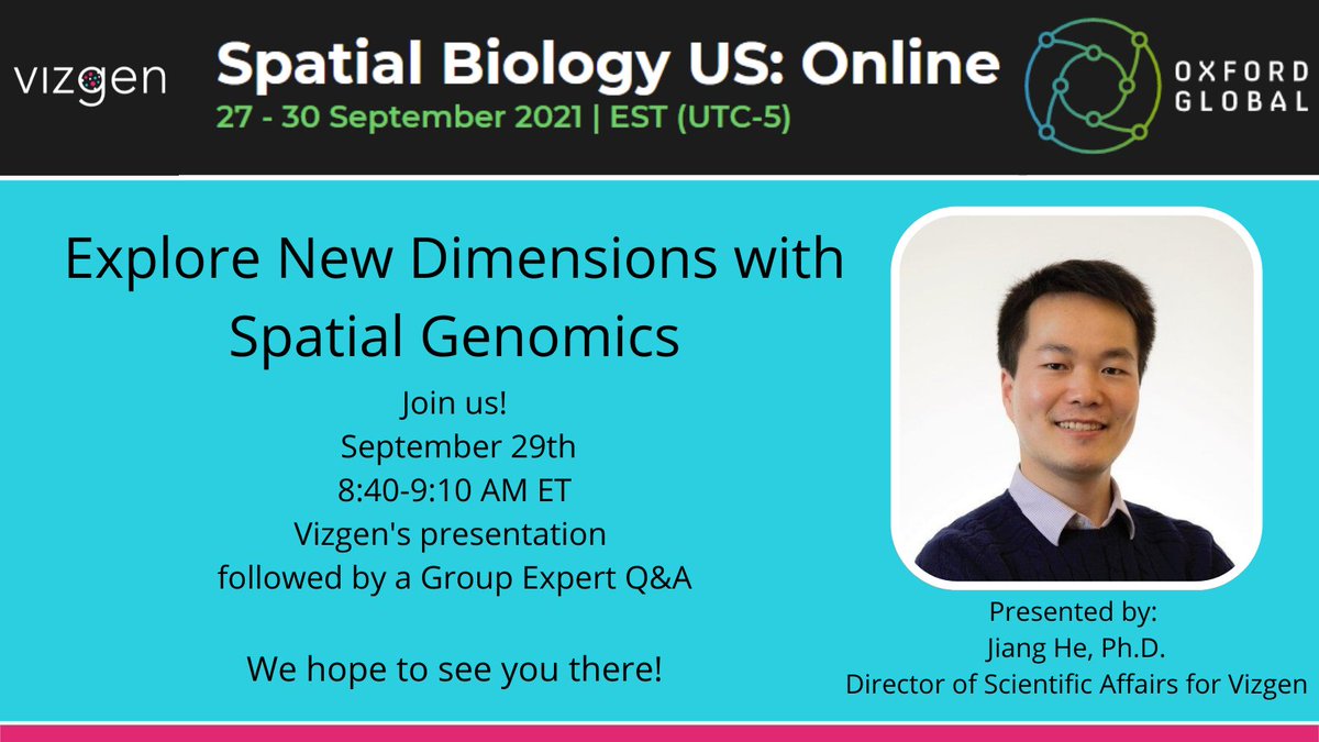 ⏲️Get ready for our #SpatialBiologyUS presentation! Join us at 8:40 AM ET this morning & listen to @vizgen_inc's Jiang He explain how you can #ExploreNewDimensions with #SpatialGenomics. He will be participating in the following expert group Q&A session! hubs.ly/H0YkNDf0