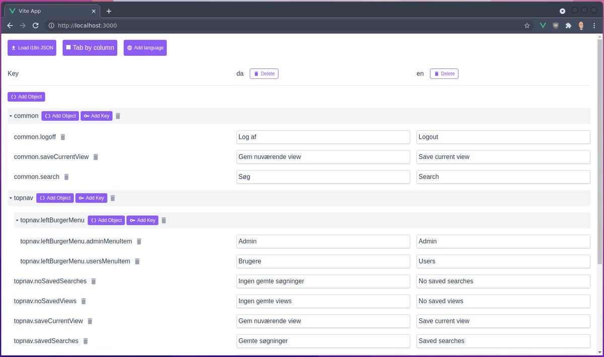 dasmikko's tweet image. Just finished up my small tool for editing my #vuei18n json file. Makes it very easy to add new keys and complete languages, and has multiple ways to tab through fields.

#vuejs #frontend  #javascript
