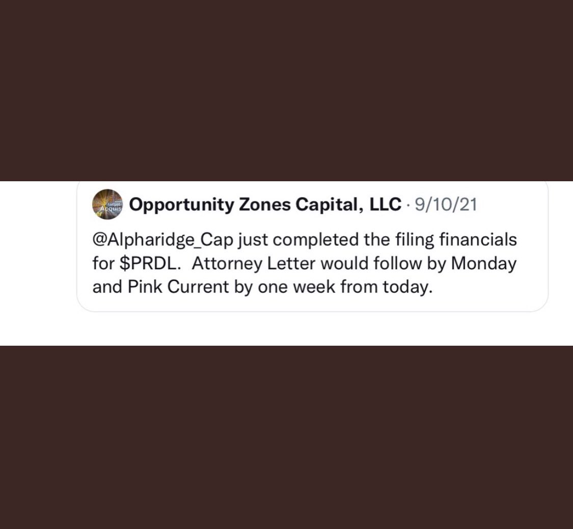 Can we expect pink soon due to AL being out &amp; verified profile? Many investors eagerly waiting to see pink, SS reduction &amp; merger in these two; PRDL &amp; NOUV! God bless you and your team, Frank! <a href="/opportunityzon/">Opportunity Zones Capital, LLC</a> <a href="/Alpharidge_Cap/">Alpharidge Capital, LLC</a> <a href="/GiveMePower5/">GiveMePower</a>