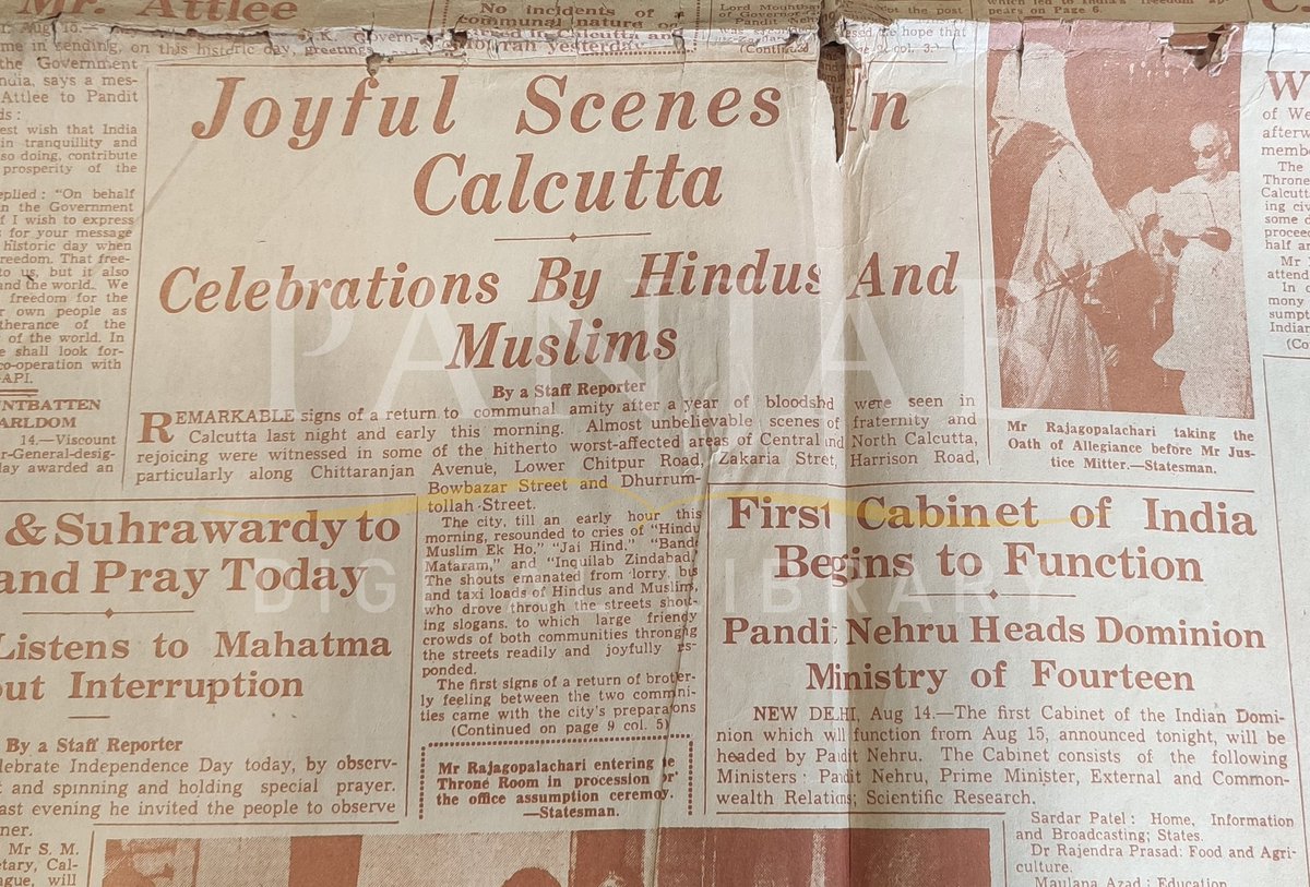 The Statesman, 15 August, 1947.
A recent addition to the PDL archives.

#Newspaper #IndependenceDay  #collection #oldnewspaper #India #calcutta #library