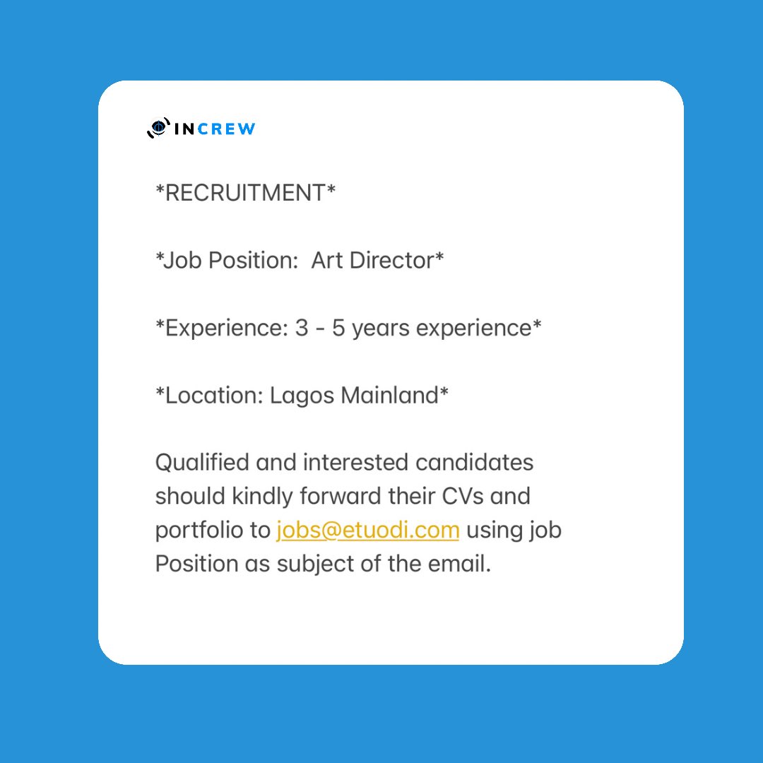 increwafrica's tweet photo. Job posts!
#increw #increwafrica #job #jobvacancy #jobsinnigeria #jobs #jobsearch https://t.co/ksOLnNA4je