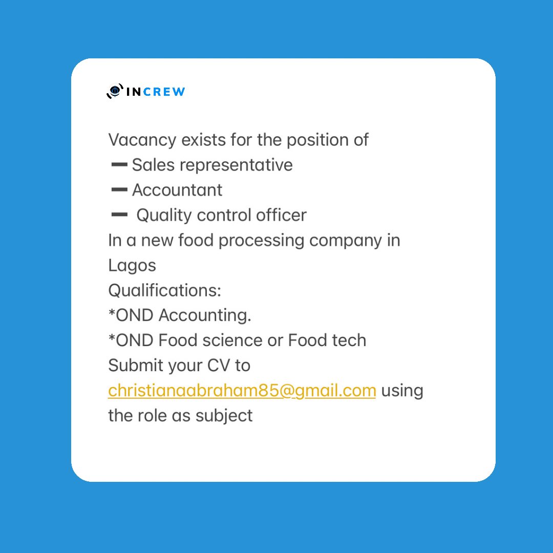 increwafrica's tweet photo. Job posts!
#increw #increwafrica #job #jobvacancy #jobsinnigeria #jobs #jobsearch https://t.co/ksOLnNA4je