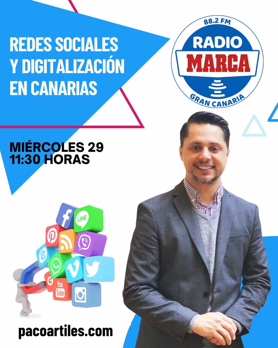 pacoartil's tweet photo. Digitalización y Redes Sociales en Canarias 🖥. ¿Sabes en que estado se encuentra el sector del marketing digital en nuestras islas?. Hoy en Radio Marca a las 11:30 horas estaré dando un repaso a la actualidad del mundo online de nuestro archipiélago 🇮🇨 Radio Marca en el 88,2 📡 https://t.co/ybVvQ0j8GF