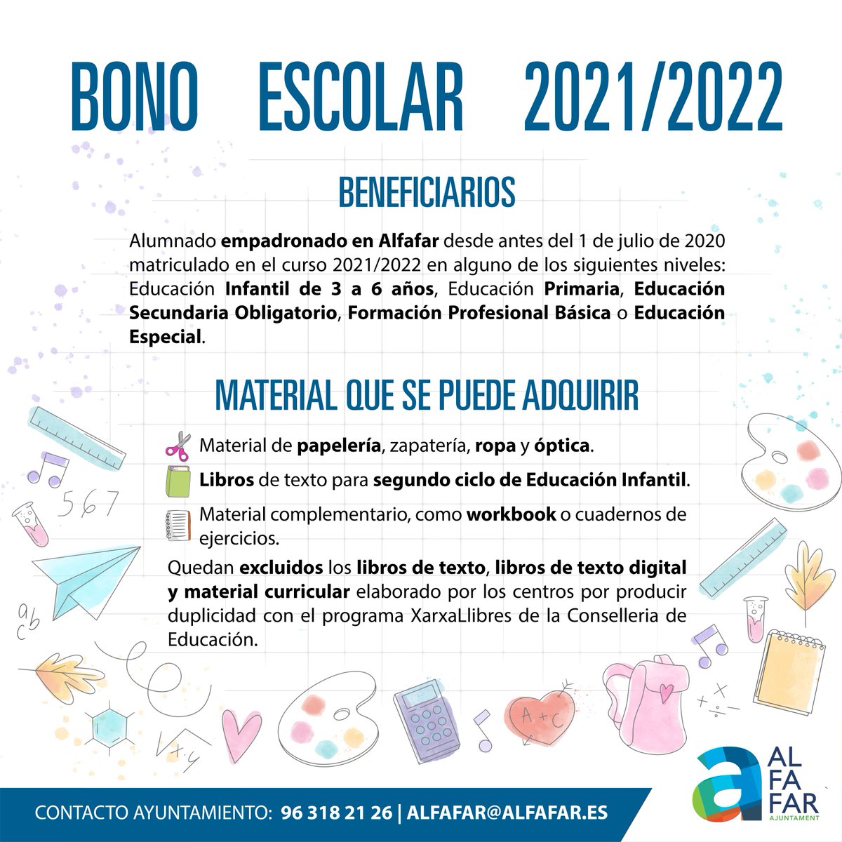 AytoAlfafar's tweet photo. 📐🖍  Bono escolar 2021/2022 📐🖍
¿Todavía no has pedido el bono? ¡Mañana termina el plazo!
📧 Si necesitas ayuda puedes escribir a bonoescolar@alfafar.es
ℹ️  Toda la información en las imágenes y en https://t.co/KVquFHk6jy

#AlfafarÉsEducació https://t.co/nvzdQZdoeU