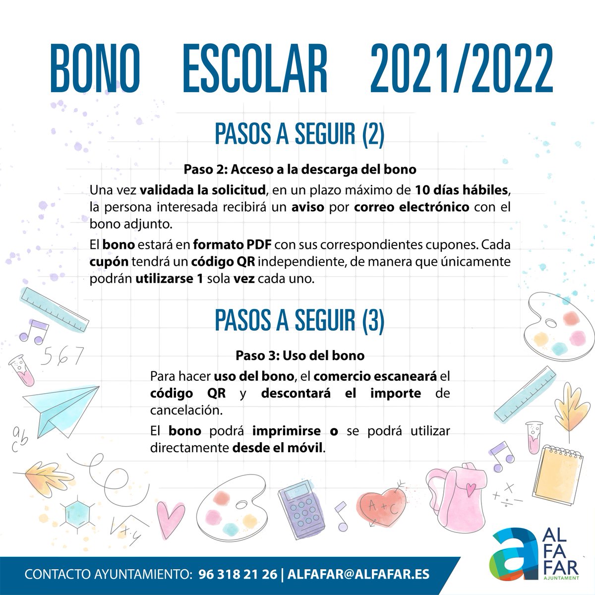 📐🖍  Bono escolar 2021/2022 📐🖍
¿Todavía no has pedido el bono? ¡Mañana termina el plazo!
📧 Si necesitas ayuda puedes escribir a bonoescolar@alfafar.es
ℹ️  Toda la información en las imágenes y en alfafar.es

#AlfafarÉsEducació