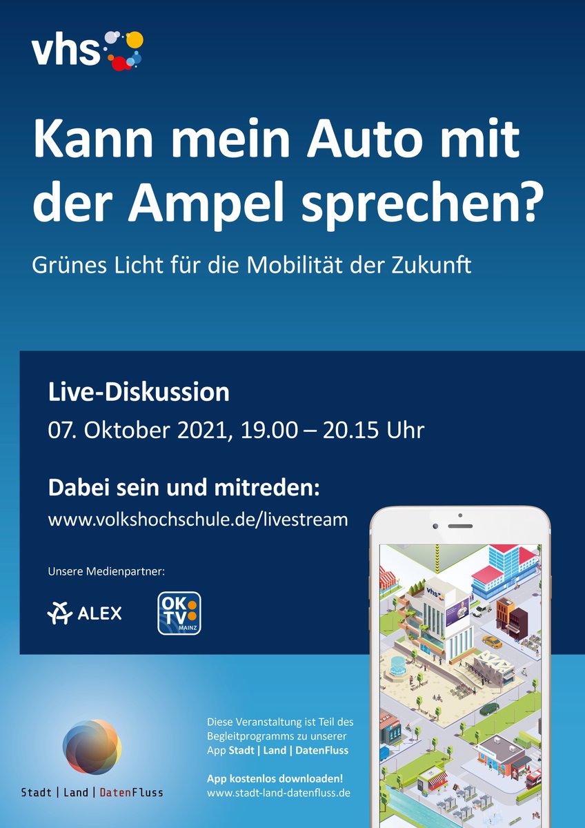vhs_dachverband's tweet photo. Heute Abend geht’s um 19:00 Uhr weiter mit unserer Online-Veranstaltungsreihe #StadtLandDatenFluss. Diskutiert im #Livestream gemeinsam mit @SusanneCJBoll @LernendeSysteme und Lutz Heuser @ui_city zum Thema #Mobilität der Zukunft: ➡️https://t.co/FCEBlD6ms9 https://t.co/LQTbe61F6K
