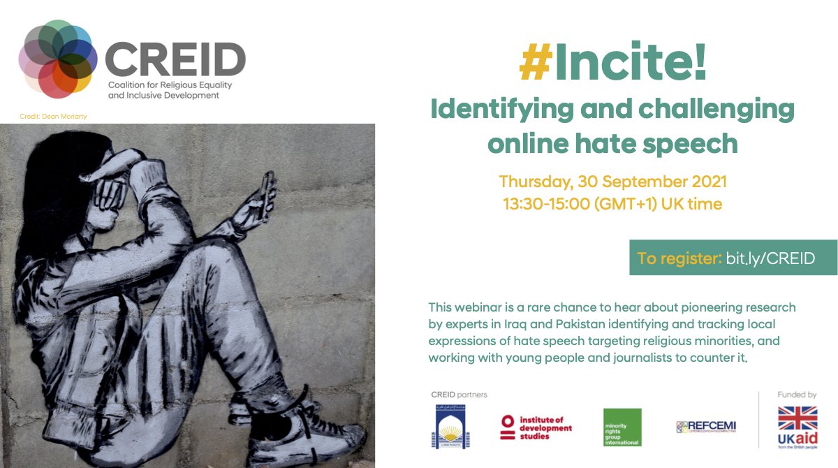 CREID_Dev's tweet photo. Have you registered?
Religious #hatespeech is endemic in Iraq and Pakistan.
📍 Checkout our website: https://t.co/MjI2m6ayuv
✍️ Register https://t.co/XsblTM55Y5
#CREID #minoritygroups #onlinehate #religiousminorites https://t.co/NLvUyOg1Z9