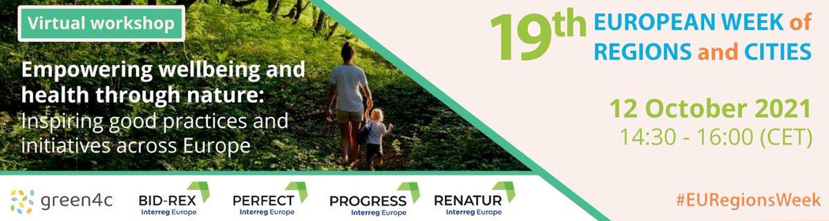 InterregPROGRE1's tweet image. Registrations now open for the virtual event &quot;Empowering wellbeing and health through #nature&quot; on 12 October at the #EURegionsWeek. A session organised by 4 @InterregEurope projects and #Green4C Alliance to present inspiring good practices! Register at: mtr.cool/kvlktxgbye