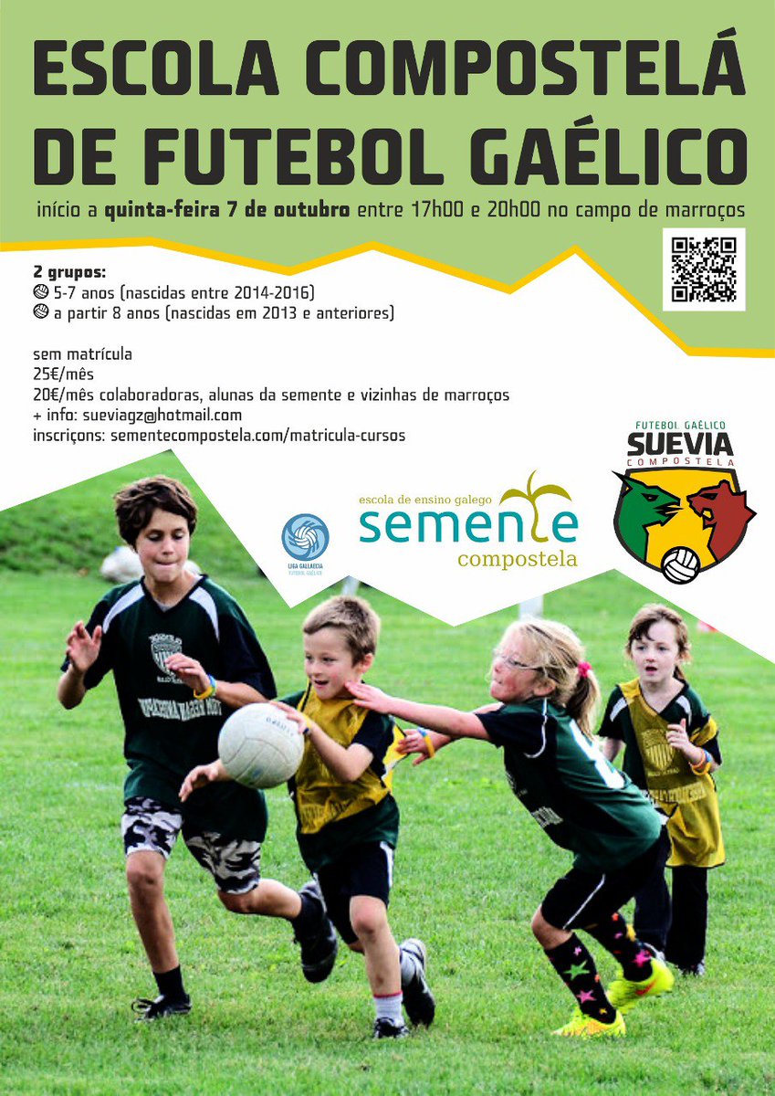 Mais um ano regressa a escola de futebol gaélico da Suévia em colaboraçom com a @SementeCompost1.
Para crianças a partir de 5 anos em 2 grupos, as quintas-feiras e desde 20€/mês.
Mais informaçom em sementecompostela.com/cursos-2021-22/ ou em sueviagz@hotmail.com