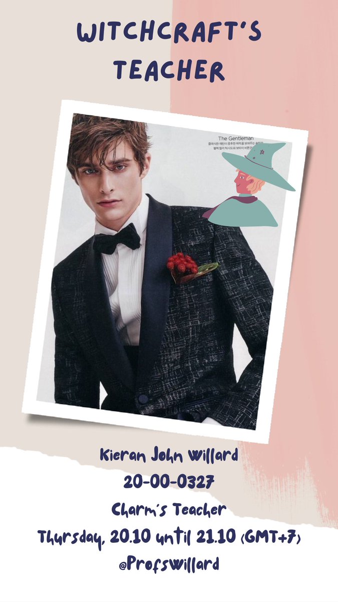 ㅤ
Vella menjeda sejenak, "Njut ke hari Kamis, kita mempelajari salah satu mata pelajaran umum yaitu Charm yang diampu oleh Professor Kieran (<a href="/ProfsWillard/">Kieran.</a>). Yuk disapa Proffunya, gais. Dadah-dadah juga boleh." ujarnya menatap Audience. 
ㅤ