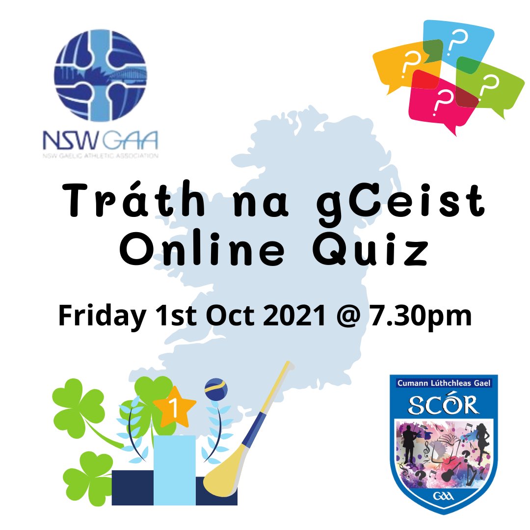 NSWGAA's tweet photo. Quiz is two sleeps away. 7.30pm Sydney time but feel free to join in from anywhere ๐๐ป๐๐ป we will also use CrowdPurr on the night- code provided then! @saigongaelsgaa @IrelandSydney @LansdowneClubAU
Zoom info:
https://t.co/vKFoFiUeEp
Meeting ID: 693 9542 2685
Passcode: 243641 https://t.co/YZTFcdVHWE