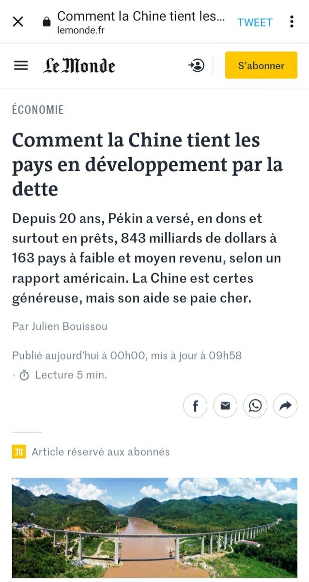 La #Chine suit les pas du #FMI et de la Banque Mondiale.
Les matières premières des pays en voie de développement s'accaparent de deux manières : soit par la dette, soit par la guerre.
#usure