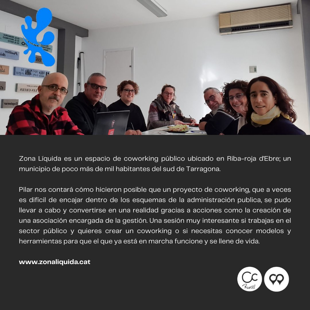 COM CREAR UN COWORKING PÚBLIC SENSE MORIR EN L'INTENT · Amb Pilar Andrés · Cofundadora de l'Associació Zona Líquida (<a href="/Zona_Liquida/">Zona Líquida</a>)

🗓 07/10/2021 · 16h · Emissió en directe pel Youtube de <a href="/CoworkingSpain/">CoworkingSpain</a>  des de <a href="/localcoworking/">LOCAL Coworking</a> 

✍️ Inscripció gratuïta linktr.ee/cowocatrural