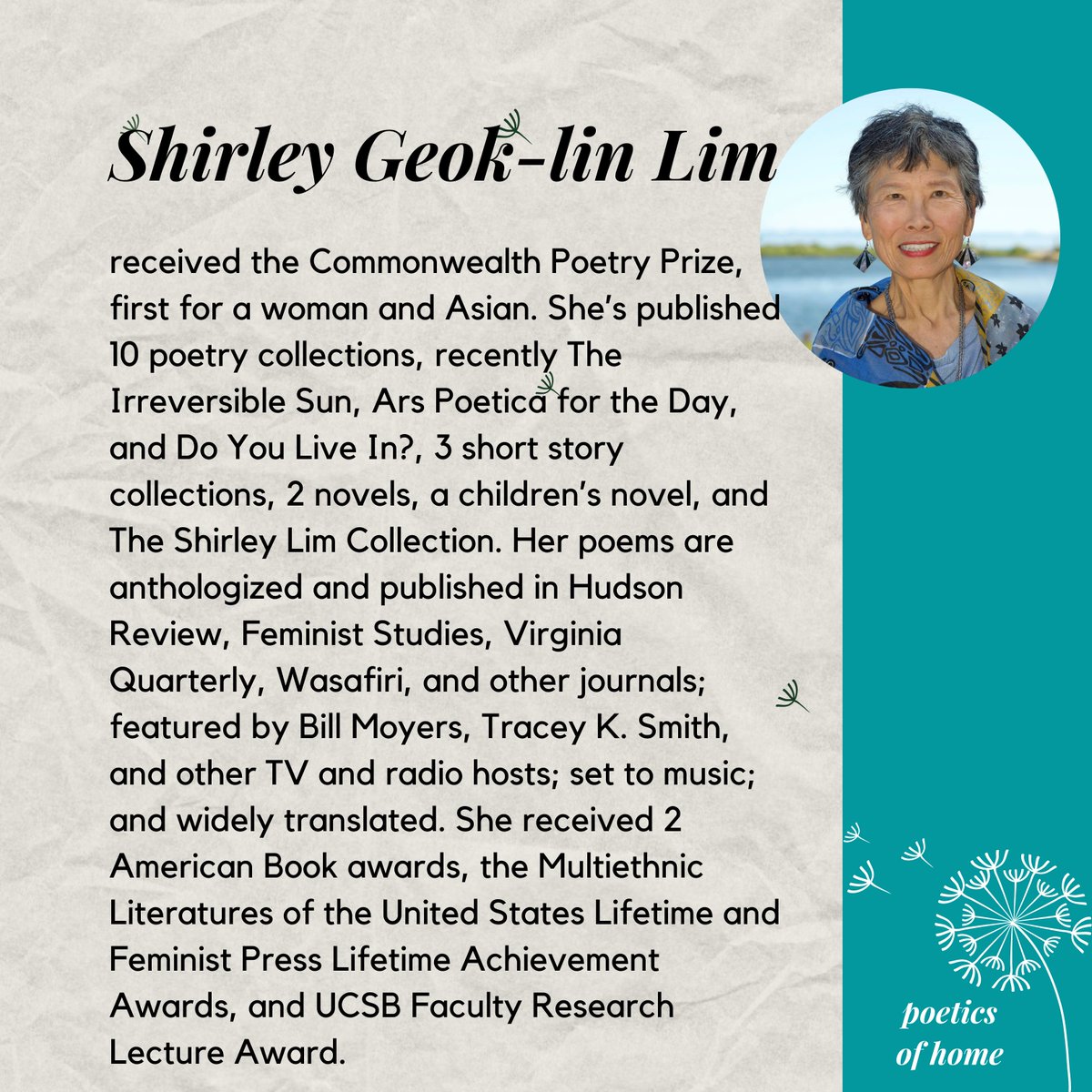 poeticsofhome's tweet photo. What a pleasure to welcome such a legend! #ShirleyGeoklinLim is the recipient of the Commonwealth Poetry Prize, first for a woman and Asian. She’s published 10 poetry collections, recently The Irreversible Sun, Ars Poetica for the Day, and Do You Live In?
-
#PoeticsofHome https://t.co/e6URBZKE0I