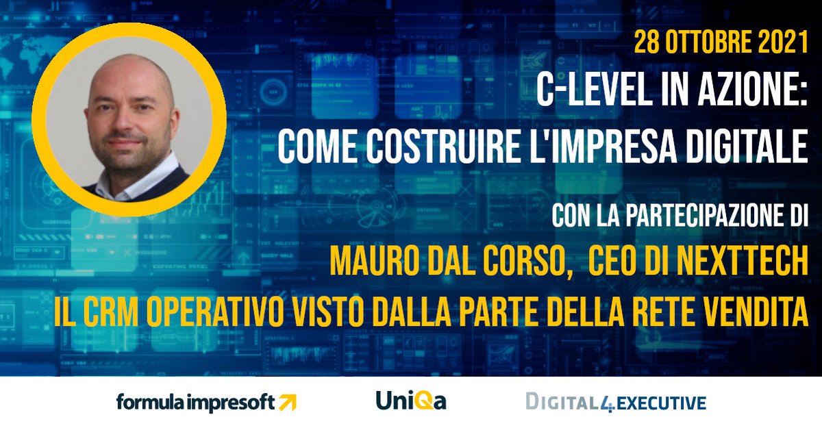 Live Event #UniQa.
La possibilità di rilevare dati qualitativi sul proprio parco clienti è il primo passo per poter alimentare correttamente un sistema di #CRM." #MauroDalCorso #FormulaImpresoft
#Digital4Executive - #Digital360
ow.ly/8IXG50GiqRj
