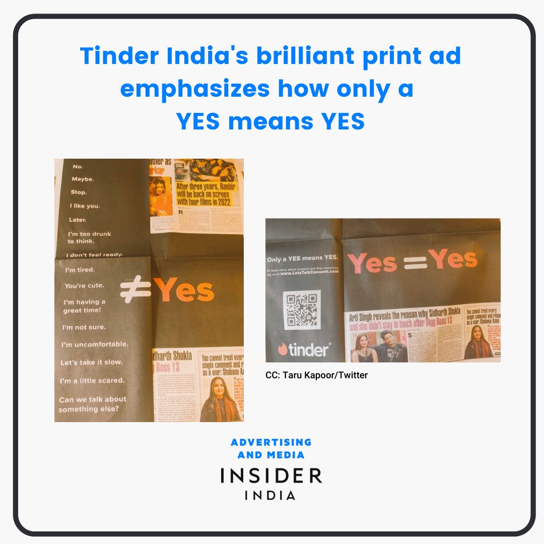admediainsider's tweet photo. #ItsaSpot | @Tinder_India's print ad explains consent citing a few sentences that are often misread as a yes. The ad further emphasises that only a ‘Yes’ means a ‘Yes’ and nothing else.
This ad is the latest from its ongoing campaign around consent, #LetsTalkConsent. https://t.co/GWwWPKoNjr
