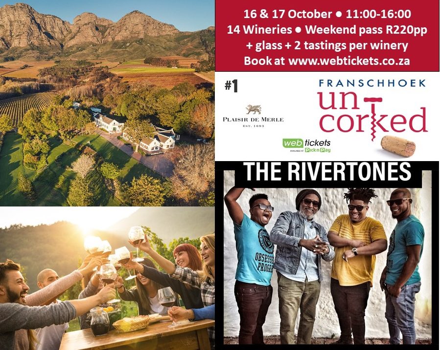 #1 on the Franschhoek Uncorked route is Plaistow where you can boogie to the Rivertones on Sat 16 Oct &amp; the 1925 Band on Sun 17 Oct taste award-winning wines and grab some grub from the Plaisir Market. Book <a href="/webticketsSA/">webtickets.co.za</a> R220pp for a weekend pass + glass &amp; 2 tastings per winery.