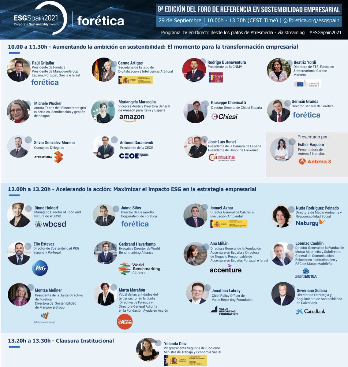 Ya estamos en #ESGSpain2021 Corporate Sustainability Forum de <a href="/foretica/">Forética</a>. 

Muchas gracias a <a href="/AccentureSpain/">Accenture España</a> <a href="/AmazonNewsES/">Amazon.es Noticias</a> <a href="/caixabank/">CaixaBank</a> <a href="/Chiesi_es/">Chiesi España & Portugal</a> <a href="/la_Mutua/">Mutua Madrileña</a> <a href="/ManpowerGroupES/">@ManpowerGroupES</a> <a href="/Naturgy/">Naturgy</a> <a href="/PG_Espana/">P&G España</a> por hacerlo posible.

Síguelo en directo aquí:

bit.ly/3iDbXsH