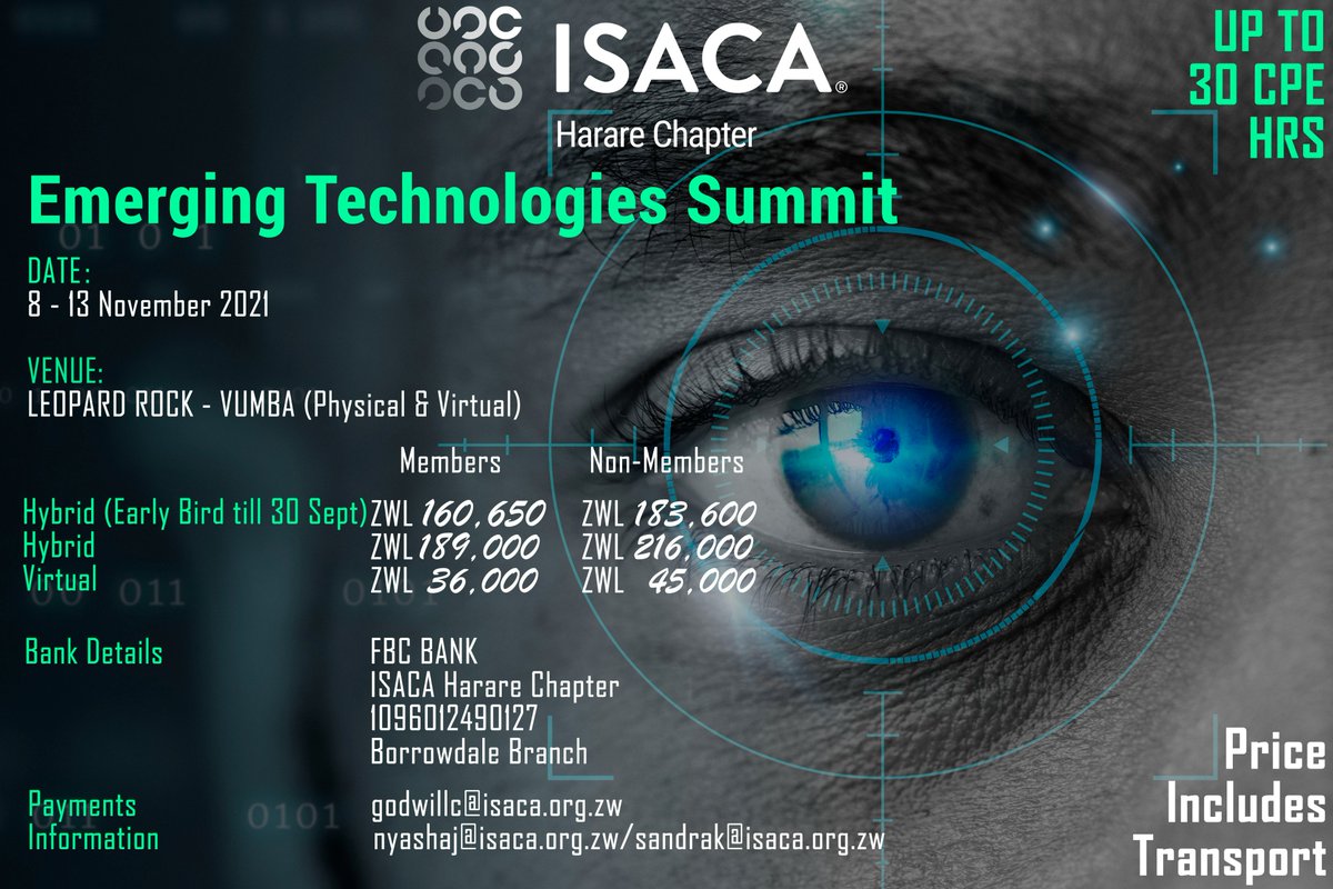 Don't miss out on the "Emerging Technologies Summit" hybrid event hosted by ISACA Harare Chapter from Monday the 8th to 10th of November 2021.
To register and for more information use the link below:
tinyurl.com/isaca-hre-ets
Everyone can attend, go ahead &amp; retweet #ShareNwin.