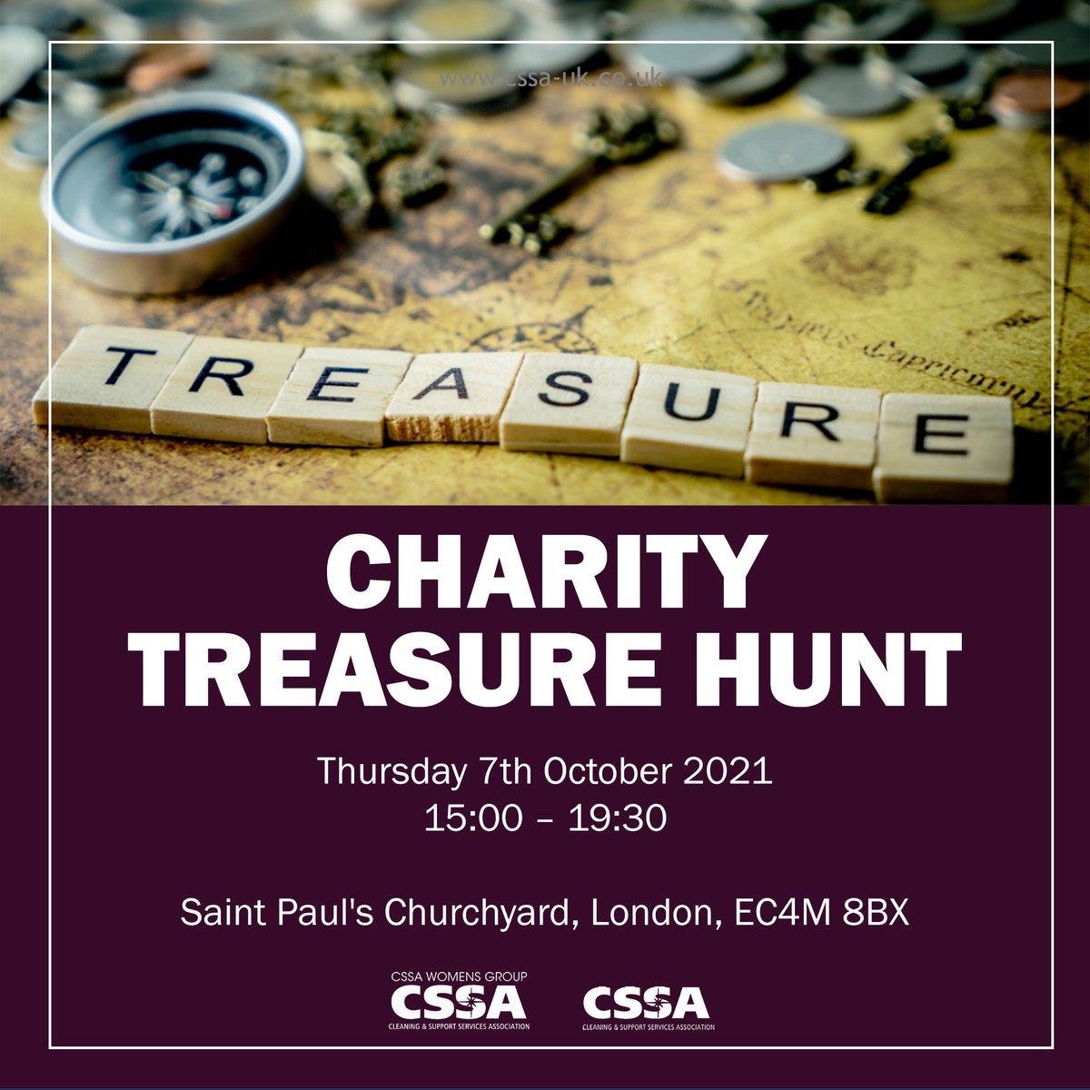 Join our Treasure Hunt event in just over 1 week!

Thursday 7th October

CSSA Women’s Group are having a charity Treasure Hunt around the St Paul’s area of London.

Full details and to book: buff.ly/2Y9WXxd

#womensgroup #cssa #networking #treasurehunt #cleaningindustry
