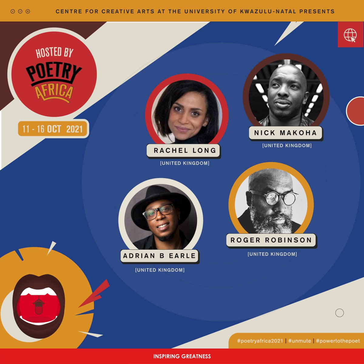 PoetryAfrica's tweet photo. #Poetryafrica2021
At #poetryafrica2021 Poet Adrian B Early; T S Eliot Prize-winning poet Roger Robinson (@rrobinson72); Poet #RachelLong; Poet #NickMakoha, https://t.co/emQPBJgCLF