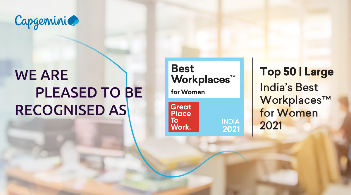JoinCapgeminiIN's tweet photo. Time to celebrate! Our efforts to foster a sense of gender equity and equality in the workplace get recognized by @GPTW_India. Being in the top 50 Large India's Best Workplaces for Women 2021 makes us believe that we are on the right path. #LifeAtCapgemini #GetTheFutureYouWant https://t.co/SLlLczq4xa