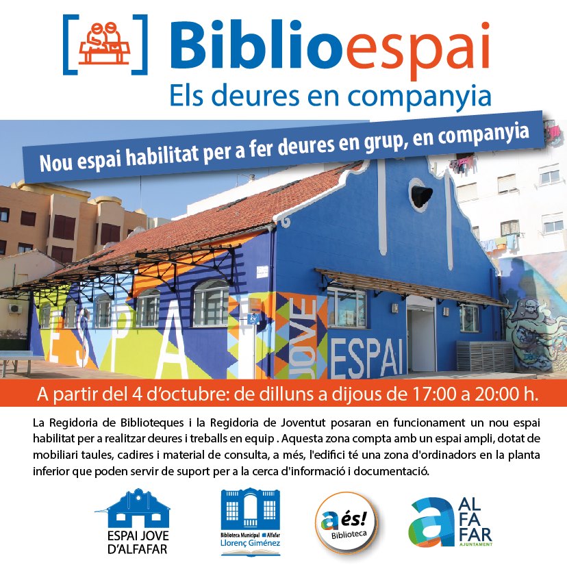 📚 Biblioespai 📚
¿Quieres estudiar con tus amigos? ¿Necesitas un espacio para hacer un trabajo juntos? Las concejalías de Biblioteca y Juventud han habilitado un nuevo espacio para ti ✅
🗓 A partir del 4 de octubre tendrás este espacio en l'Espai Jove 🕔  de 17:00 a 20:00 horas