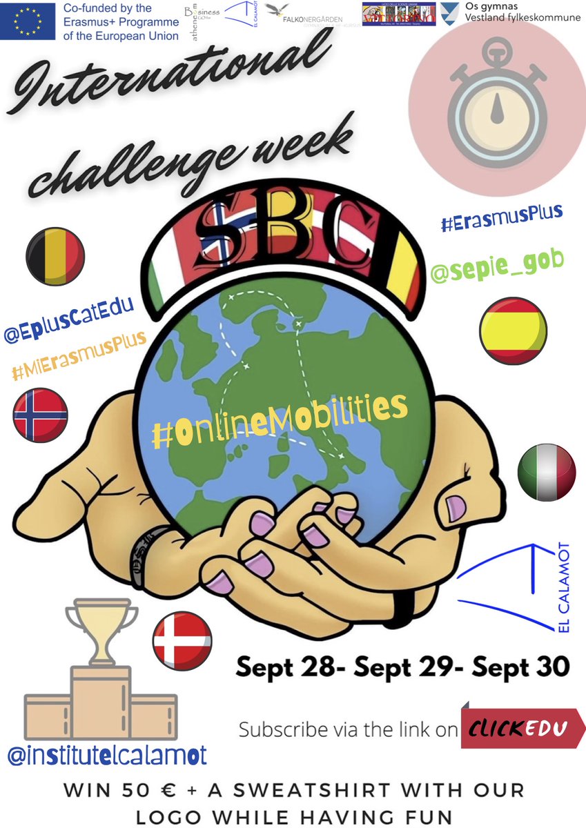 inselcalamot's tweet photo. Aquesta setmana participem en la Challenge Week! Una activitat de #mobilitatvirtual dins del projecte Erasmus+ KA229 Students Become Citizens
#ErasmusPlus #EplusCatEdu  #ERASMUSplusESP #MiErasmusPlus #Erasmuspluska229 @EplusCatEdu @sepie_gob #OnlineMobility  #VirtualMobility https://t.co/IS1Ny1Q4Bb