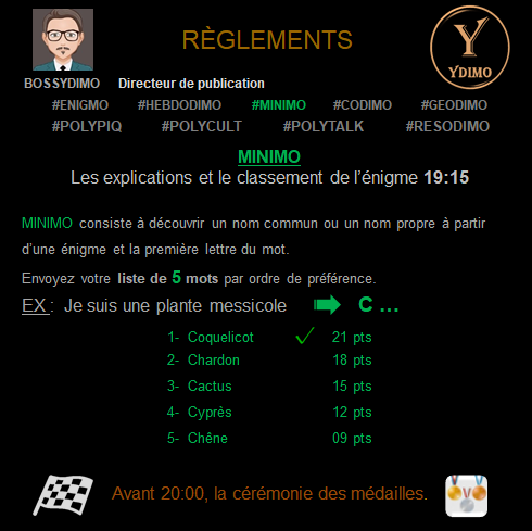 bossydimo's tweet photo. #ENIGMO N3-SEM39-OBJETS

❓ Je suis un objet d’utilité hygiénique

🎁 Indice 1 – 12:00

🕘 Envoyez vos mots  à @bossydimo 

-----------

#MINIMO M3 - BONUS

❗️ Interdiction de séjour

 🔍 X ...

🕘 Envoyez vos mots à @GYRODIMO 

🏁STOP 19:00 https://t.co/J0j0VtqfHc