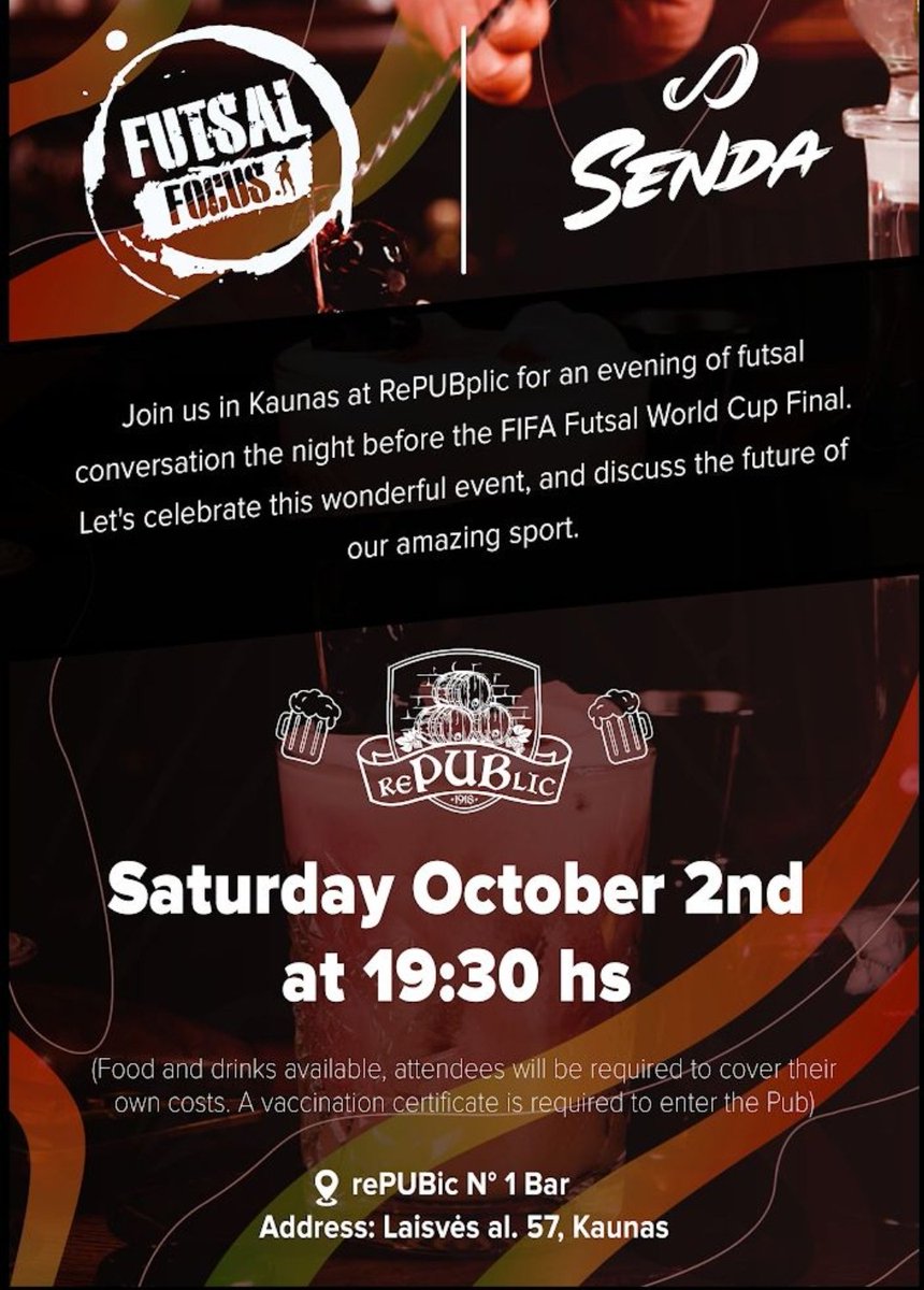 Are you in Kaunas, Lithuania this weekend for the #FIFAFutsalWorldCup Final? Then join Futsal Focus &amp; <a href="/SendaAthletics/">Senda</a> at the RePUBplic bar to meet people in the futsal industry, celebrate the World Cup and discuss our wonderful sport. eventbrite.com/e/futsal-focus… #futsal