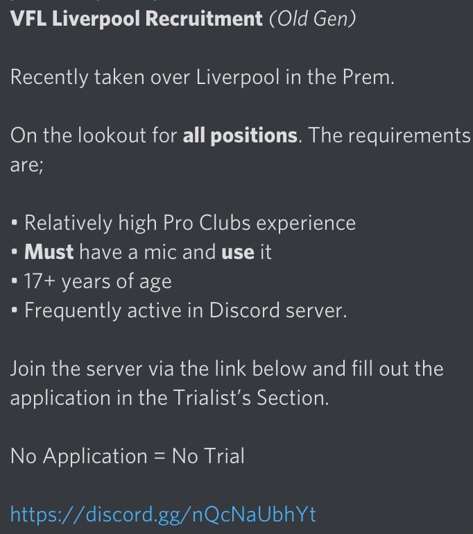 LiverpoolS49's tweet photo. We are now recruiting ahead of @TheVFL_ Season 49. Please read the image below carefully and join if interested!

https://t.co/9Jq0PJ7jSO

RT’s appreciated!

(PS4) https://t.co/DgJlDAd1ng