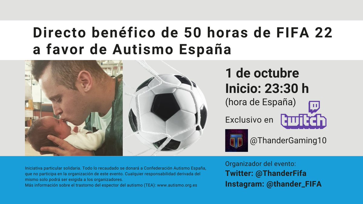 Este viernes 1, 23:30 h sigue el directo benéfico de <a href="/ThanderFifa/">Thander Martinez</a> @ThanderGaming10 (#Twitch), papá #streamer de una niña con #autismo #TEA. Jugará #FIFA22 durante un #stream de 50 horas a favor de <a href="/Autismo_Espana/">Autismo España</a>. twitch.tv/thandergaming10