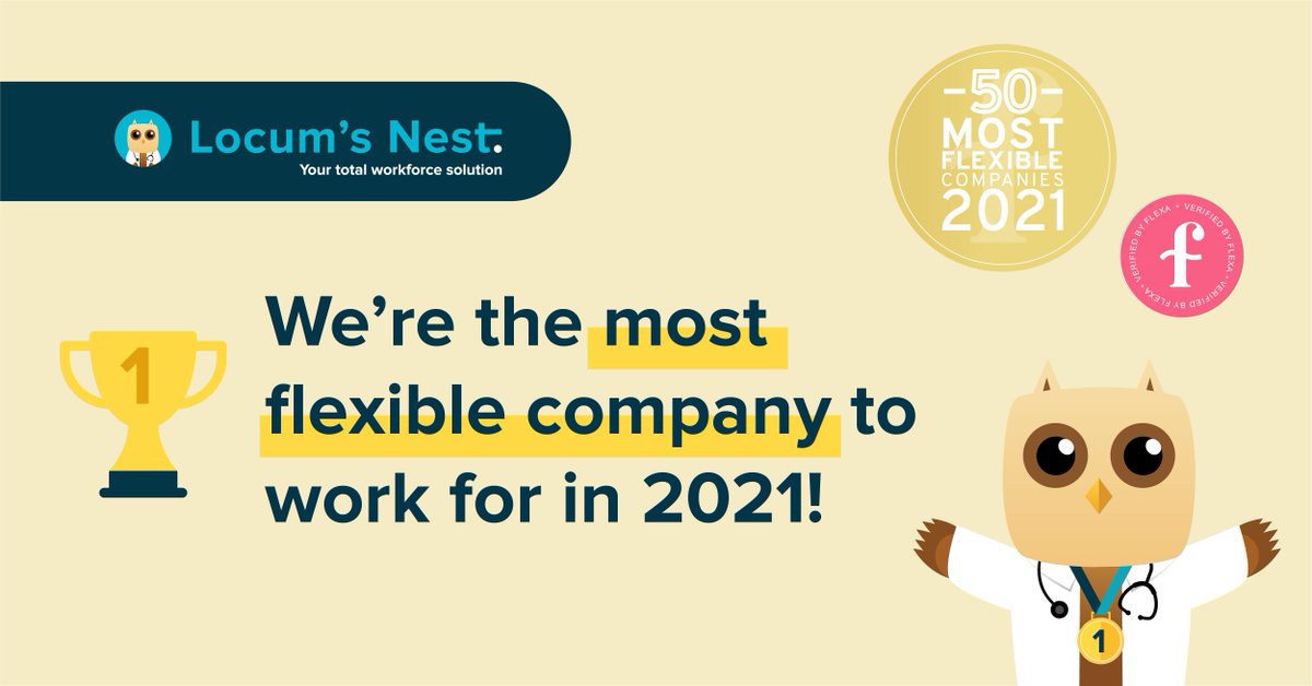 LocumsNest's tweet photo. 🏆 It's official @LocumsNest is the most flexible company to work for in 2021 on @Flexa_careers Top 50 #MostFlexibleCompanies 🏆 Congratulations to @Prolific @whereby @WriteWithBite &amp; all the other companies on #FlexaTop50 list ➡️ https://t.co/8b4HKdWOVr  #FutureOfWork https://t.co/RMonKVBJlZ